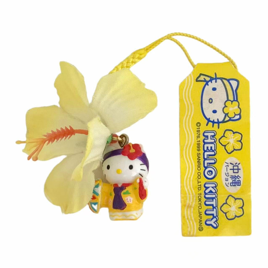 Hello Kitty Gotochi Keychain (with strap) – 1999 Okinawa Traditional Costume (Blue & Yellow Flower Variants) – Japan Exclusive Vintage