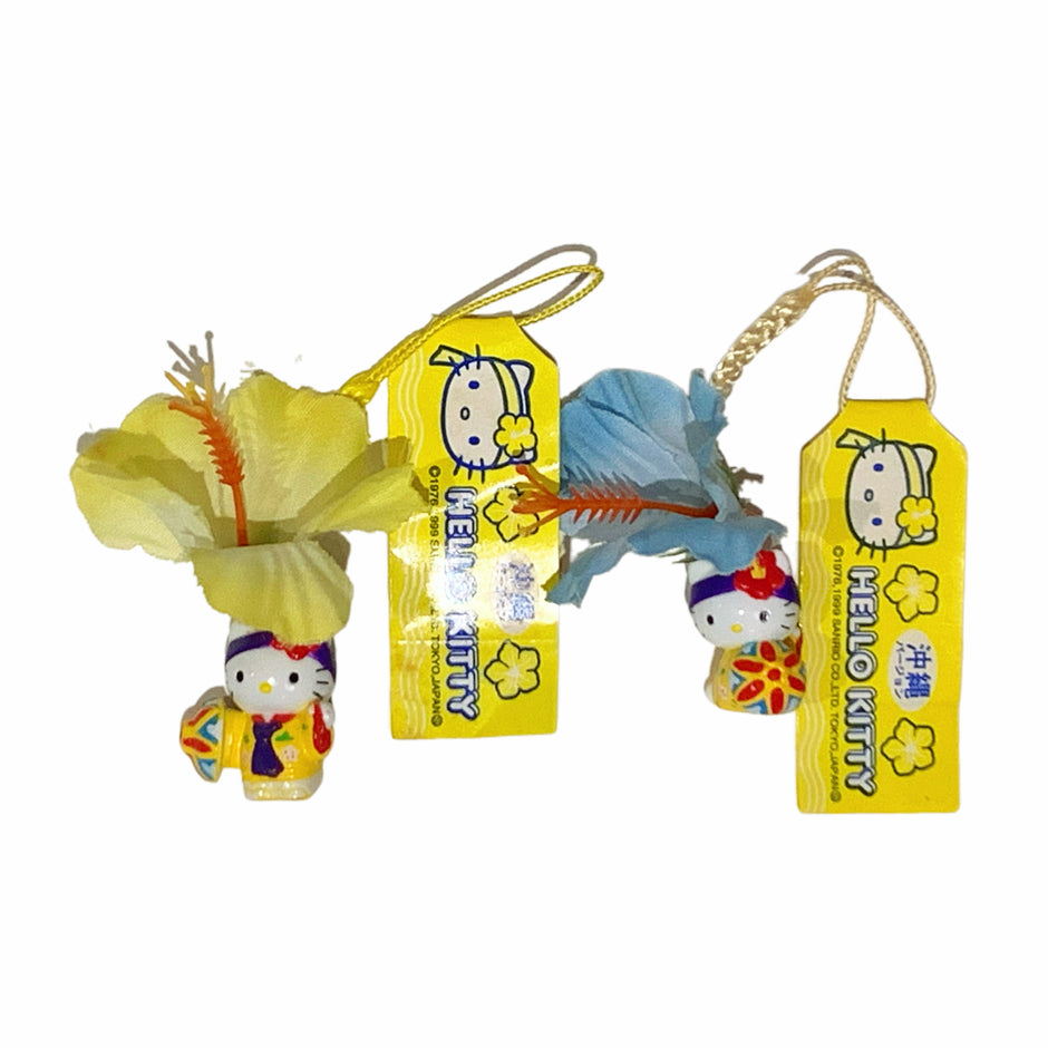 Hello Kitty Gotochi Keychain (with strap) – 1999 Okinawa Traditional Costume (Blue & Yellow Flower Variants) – Japan Exclusive Vintage