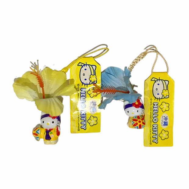 Hello Kitty Gotochi Keychain (with strap) – 1999 Okinawa Traditional Costume (Blue & Yellow Flower Variants) – Japan Exclusive Vintage