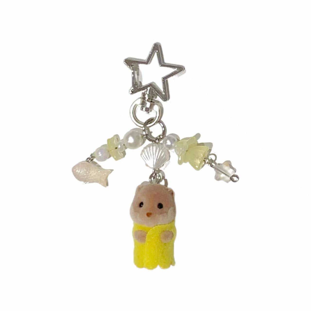 Sylvanian Families Handmade Keychain – Otter Baby in Lemon Yellow – Star & Seashell Beaded Charm